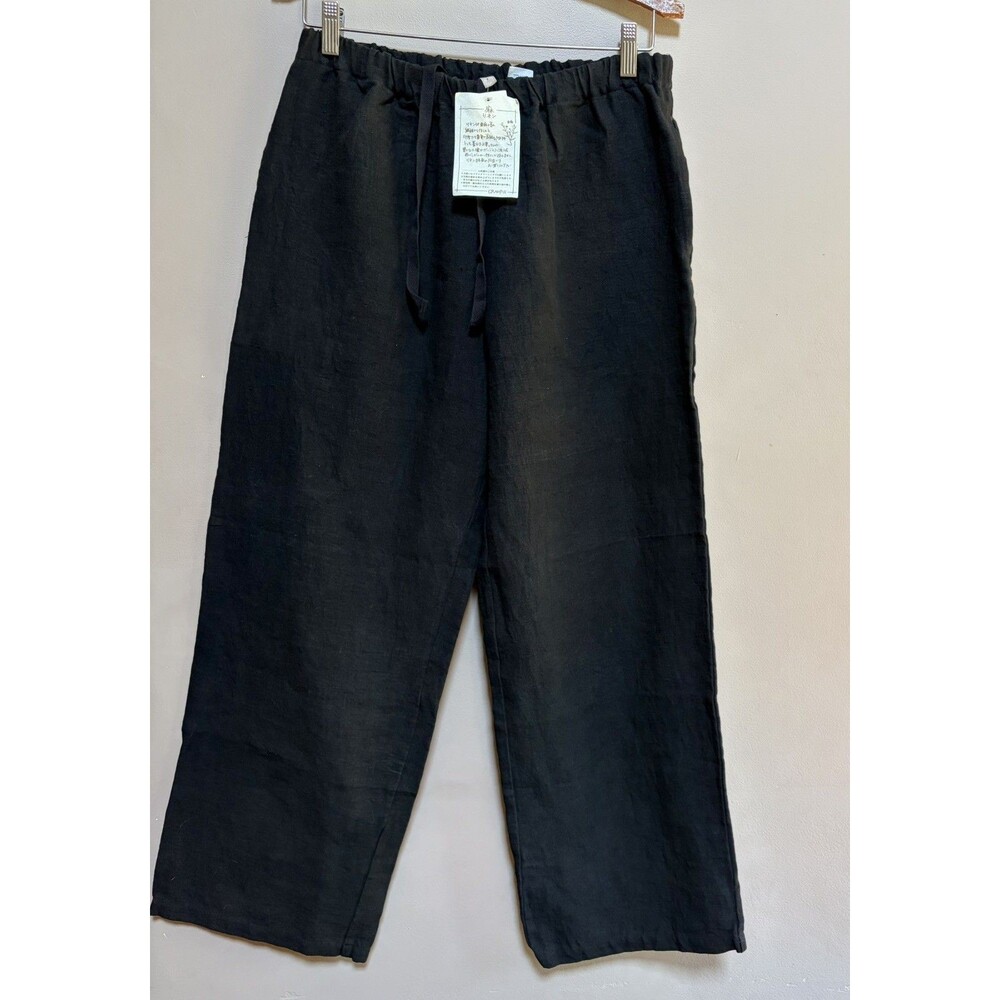 NWT Primavera by Granpie 100% Linen Black Wide Leg Pull on Elastic Pants Size L